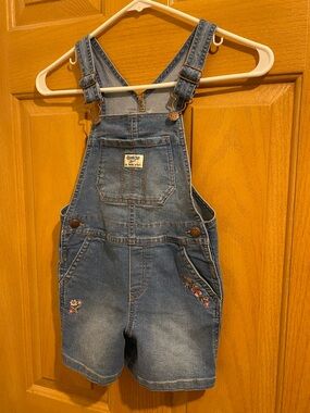 OshKosh B'gosh Blue Denim Short Overalls with Floral Accents